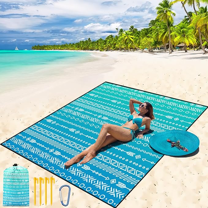 Beach Blanket Waterproof Sandproof Beach Mat 79" X 83"/10'x9'for 2-8 Adults Quick Drying Outdoor