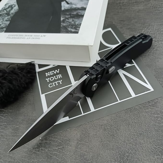 HUAAO 7.5??Assisted Opening Push Button Folding Pocket Knife, 2.8??D2 Blade Aluminum Alloy Handles