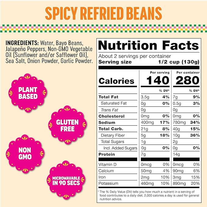 SOMOS Spicy Refried Beans - Gluten Free, Non-GMO, Vegan & Microwavable Meals Ready to Eat