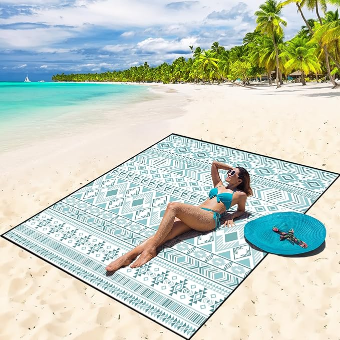 Beach Blanket Waterproof Sandproof Beach Mat 79" X 83"/10'x9'for 2-8 Adults Quick Drying Outdoor