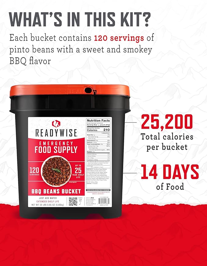 ReadyWise Emergency Food Supply - 120 Servings BBQ Beans Bucket, Freeze Dried Protein Meals