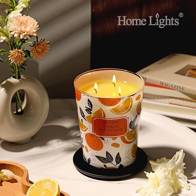 HomeLights Citrus Wood Sage Scented Candles | 34oz Soy Candles Eclectic Mixed Styles 3-Wick Large