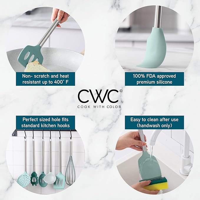 COOK WITH COLOR Silicone Cooking Utensils, Kitchen Utensil Set, Easy to Clean Silicone Kitchen
