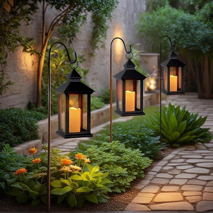 Lanterns Decorative Indoor, 2 Pack Black Outdoor Lantern with Timer, 14" Lantern Waterproof with