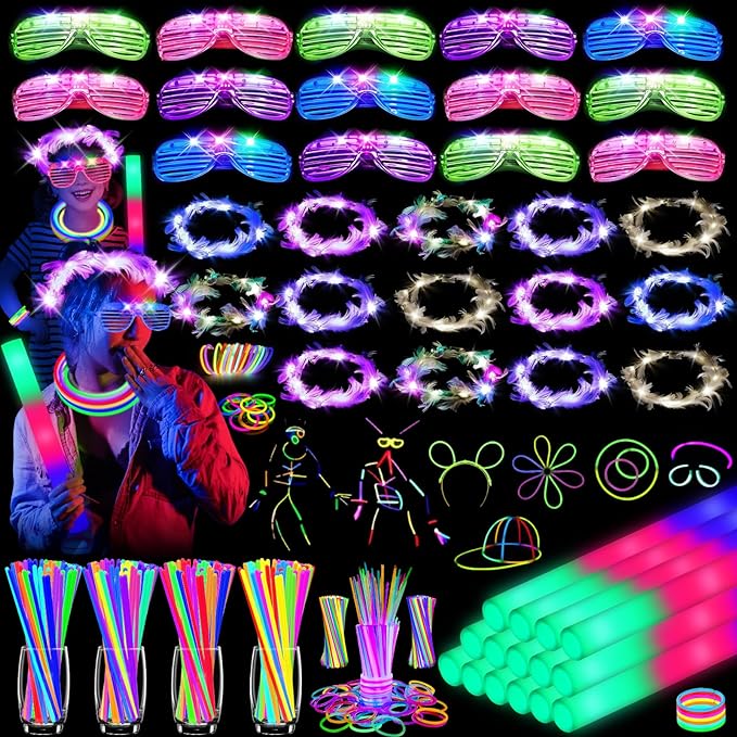 142 PCS Glow in the Dark Party Supplies, 14PCS Foam Glow Sticks, 14PCS Light Up Headband,14PCS LED