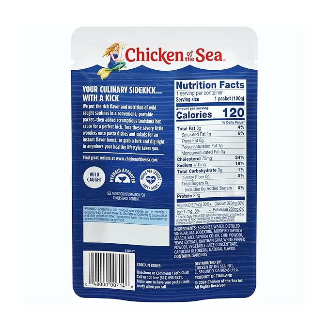 Chicken of the Sea Sardines in Louisiana Hot Sauce, 3.53 oz. Packet (Box of 36), Wild Caught