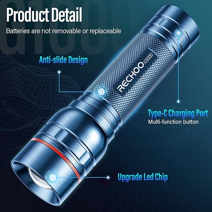 Rechargeable Flashlights High Lumens, G1000 Super Bright Flash Light, Small Zoomable LED Flashlight