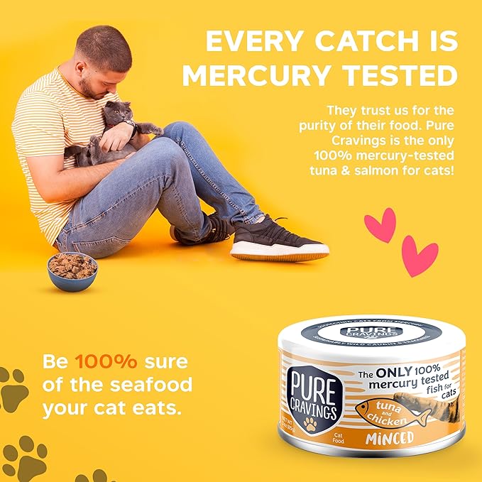 Pure Cravings Minced Tuna and Chicken Wet Canned Cat Food, 100% Mercury-Tested, Moist Can Fish for