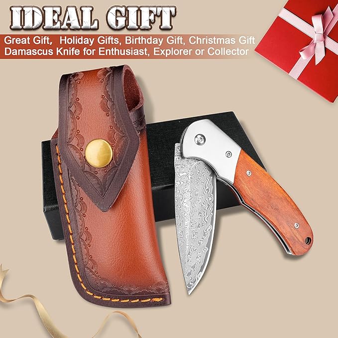 KOMWERO Damascus Pocket Knife with Clip for Men, VG10 Damascus Steel Folding Knives, EDC Damascus