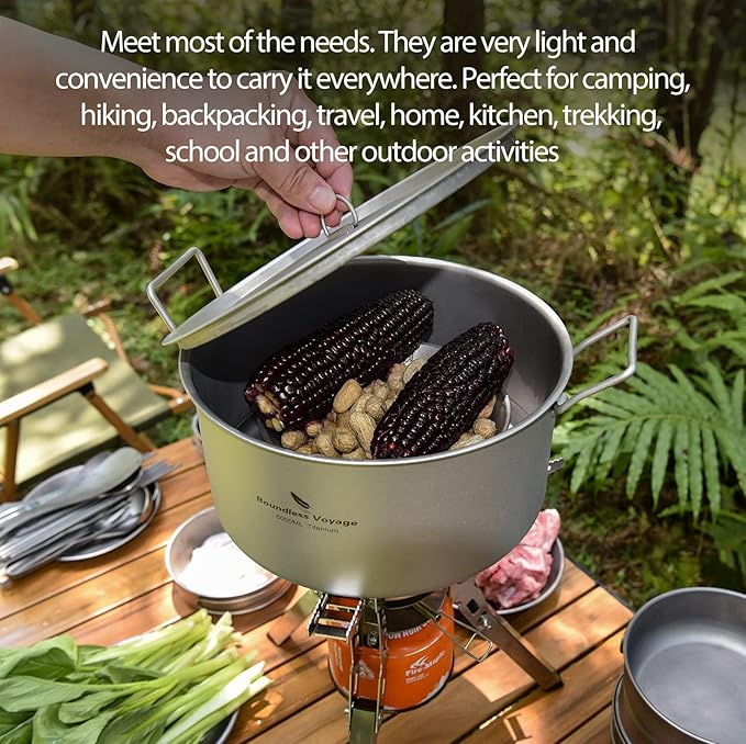 Boundless Voyage Outdoor Camping Titanium Pot 5.0L Stockpot with Lid Folding Handle Hiking Picnic