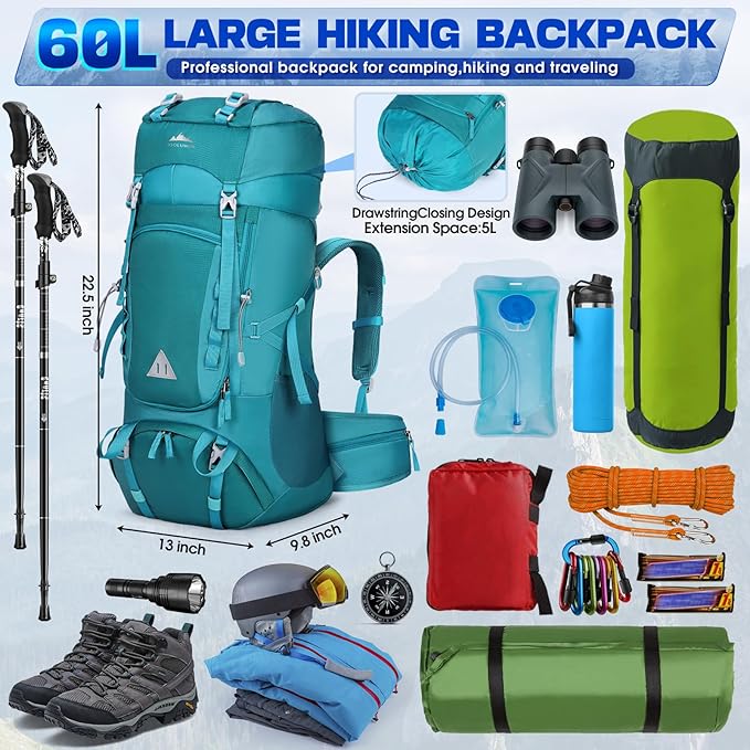 IGOLUMON 60L Hiking Backpack Waterproof Camping Backpack with Rain Cover Large Lightweight