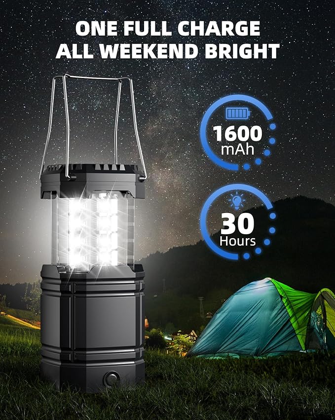 4 Pack Solar Camping Lantern with 1600mAh Rechargeable Battery, 30-Hour Runtime, 360° LED Tent