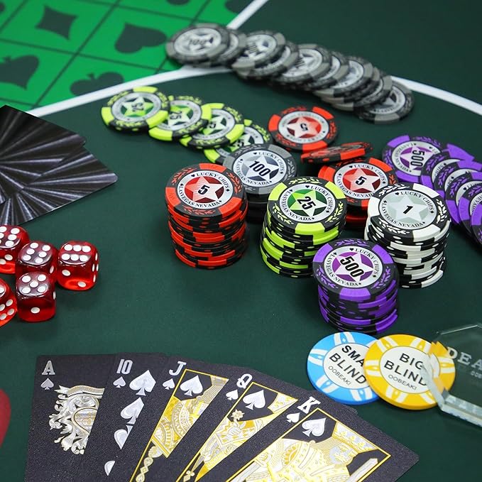 ORIENGEAR Poker Chip Set with Denominations, 300 PCS 14 Gram Clay Composite Casino Chips with ABS