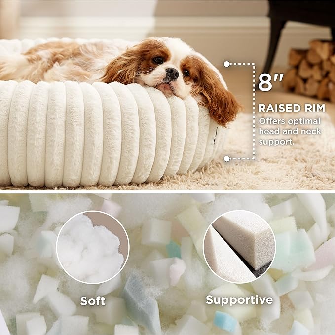 Bedsure Donut Medium Dog Bed - Washable Faux Fur with Corduroy Fleece & Anti Slip Bottom, Round Pet