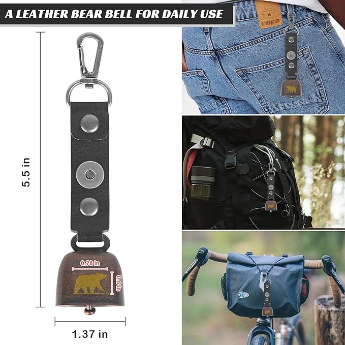 2 Pack Loud Bear Bells with Magnetic Silencer, Leather Button Strap, Carabiner for Bear Deterrent