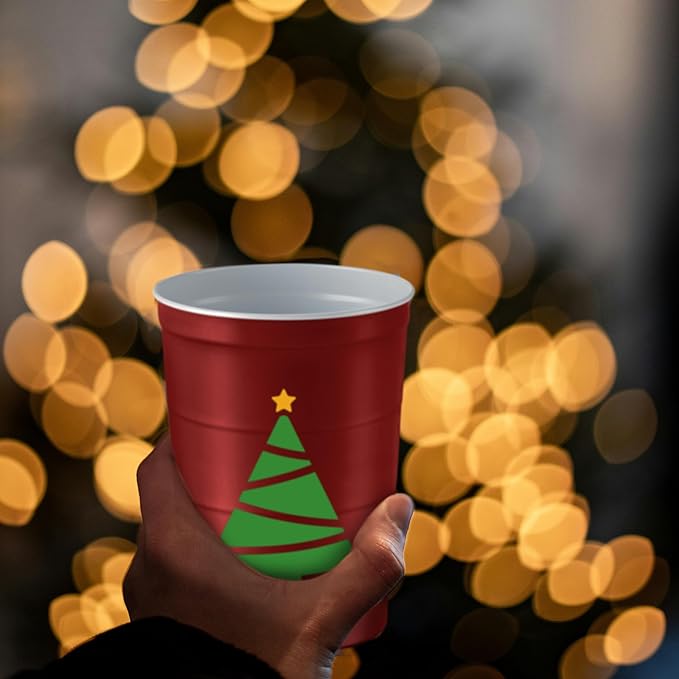 16 oz. Party Cups 'Happy Holidays' Christmas Tree Design for Cold Drinks, Durable, Disposable