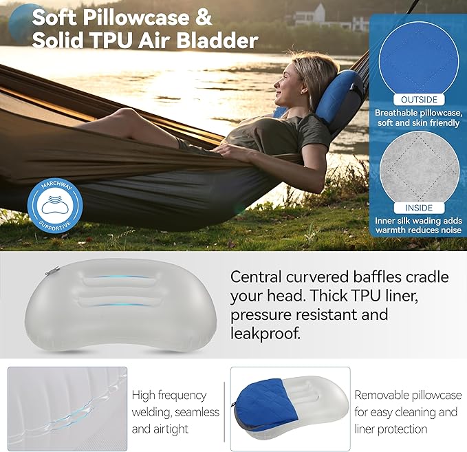 MARCHWAY Ultralight Inflatable Camping Pillow with Soft Washable Cover, Compact Compressible