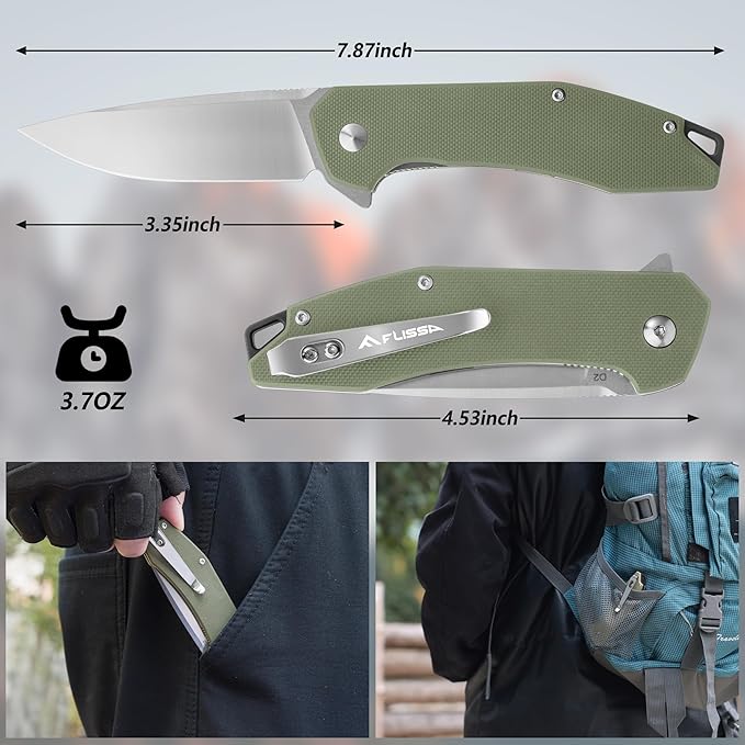 FLISSA Pocket Knife, Folding Tactical Knife with G10 Handle, D2 Blade, Liner Lock, Pocket Clip, EDC