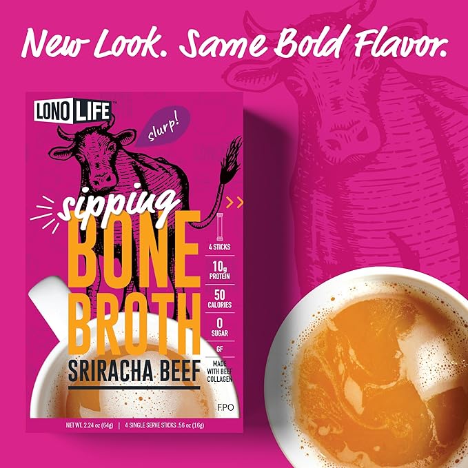 LonoLife Sriracha Beef Bone Broth Powder Mix | Grass-Fed, 10g Protein | Collagen-Rich, Keto & Paleo