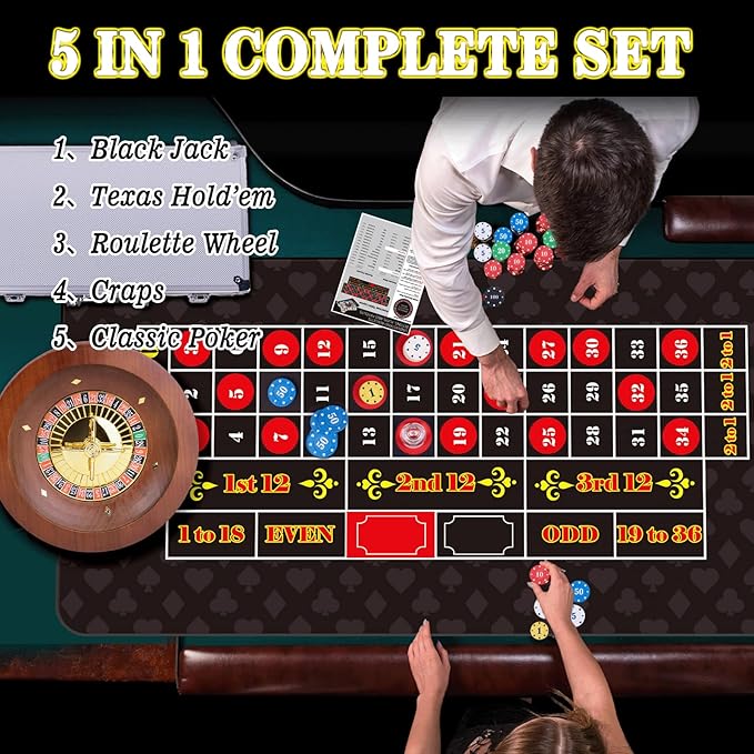 5 in 1 Super Casino Game Set: Blackjack/Texas Hold'em/Roulette/Craps/Poker Kit, 10" Wooden Roulette