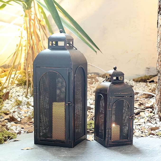DECORKEY Luxury Lantern Decorative Outdoor & Indoor, Set of 2 (19’’&13’’) Metal Candle Lanterns