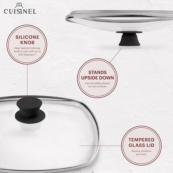 Cuisinel Cast Iron Square Grill Pan + Glass Lid + Pan Scraper + Handle Cover - 10.5" Pre-Seasoned