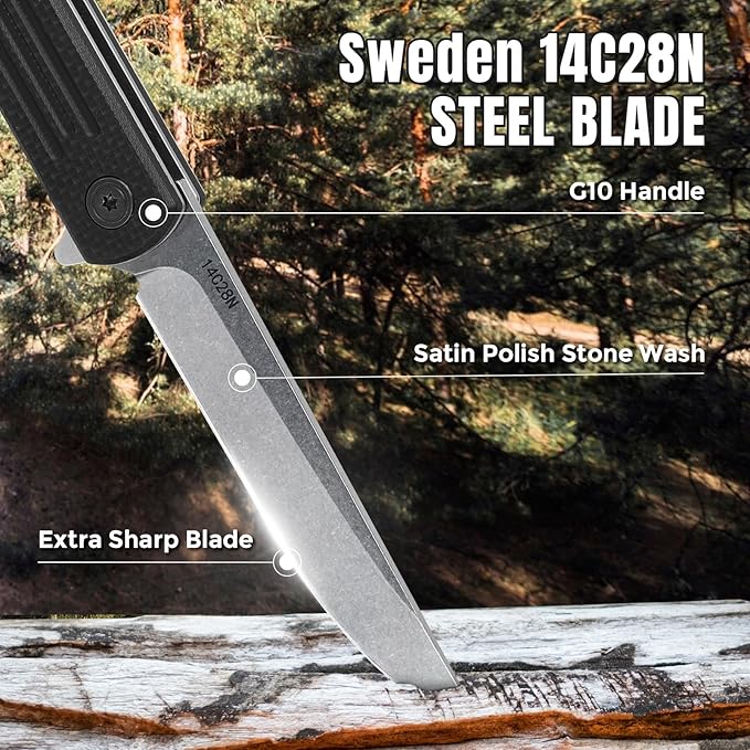 Folding Pocket Knife, 3.19” 14C28N Steel Blade G10 Handle Praxis Small Flipper Liner Lock EDC
