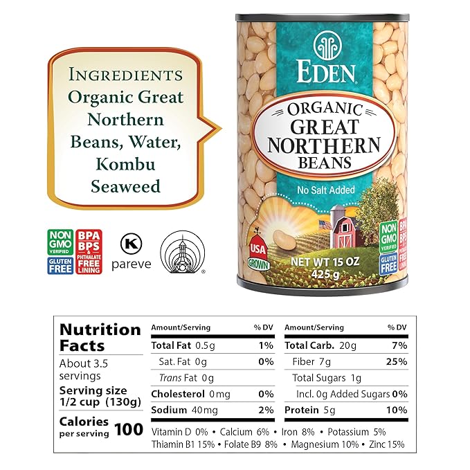 Eden Organic Great Northern Beans (White Beans), 15 oz Can (12-Pack Case), No Salt Added, Non-GMO