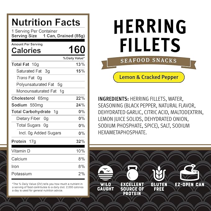 Brunswick Herring Fillets in Lemon & Cracked Pepper, 3.53 oz Can - 15g Protein per Serving - Gluten