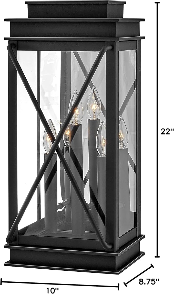 Hinkley Montecito Large Wall Mount Outdoor Lantern - 3-Light, Aluminum, Clear Glass - Museum Black