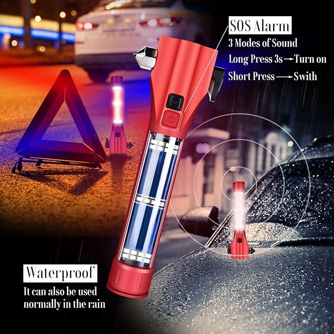 Car Flashlights for Emergencies, Window Breaker Seatbelt Cutter Multifunction Solar Flashlights