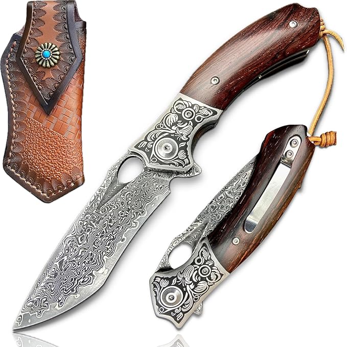 TACTICAL GEARZ Damascus Pocket Folding Knife, Natural Rosewood Handle, Damascus Steel Blade