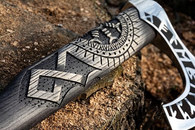 SHINY CRAFTS Viking Axe Hatchet - 27" Long Helm of Awe Carved Forged Steel With Engraving, Medieval