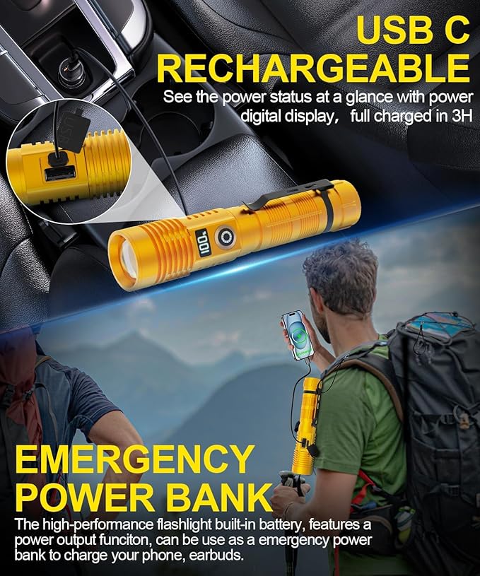 Rechargeable Flashlight High Lumens- Super Bright Magnetic Flash Light with Power Digital