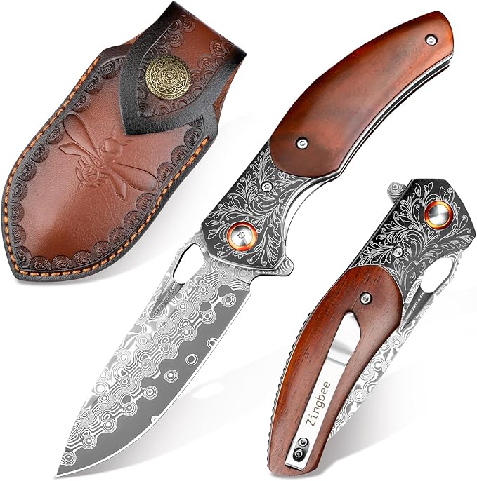 Damascus Pocket Knife with Sheath, 3.35" Damascus Steel Blade Knife with Wooden Handle, EDC Pocket