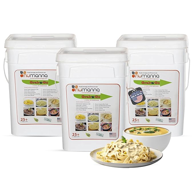 Numanna Grab-n-Go Buckets 240 Servings, 36 lbs Freeze-Dried Premade Meals | 25+ Year Shelf Life |
