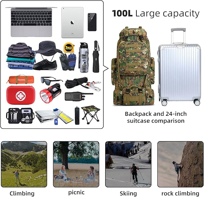 100L Camping Hiking Backpack,Molle military Tactical rucksack backpack,Waterproof Lightweight