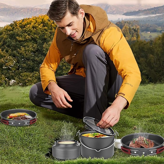 Odoland 22pcs Camping Cookware Mess Kit, Large Size Hanging Pot Pan Kettle with Base Cook Set for