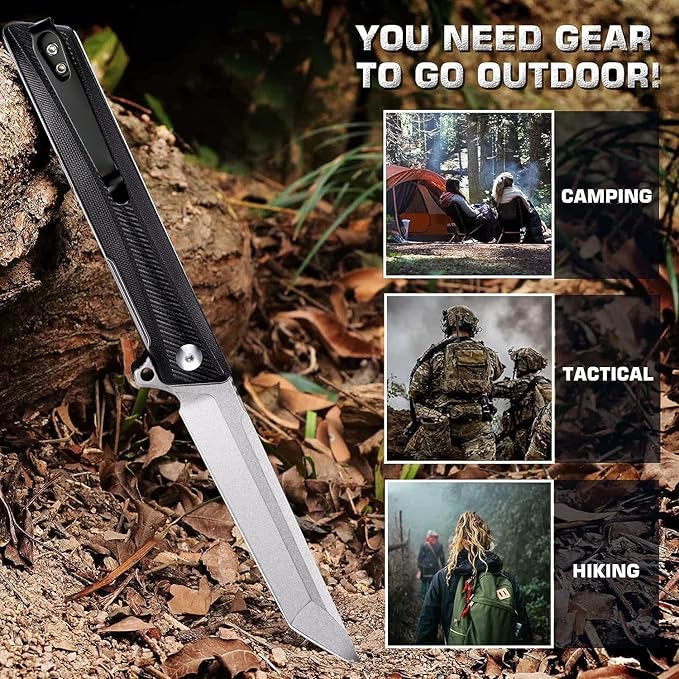 Pocket Knife GD22K, Flipper Open D2 Steel Tanto Folding knife with Durable G10 Handle,Men Women