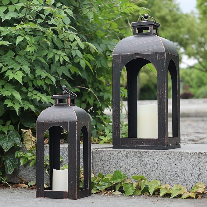 DECORKEY LED Lantern Decorative Outdoor&Indoor, Set of 2 (17’’&13’’) Black Metal Lanterns Decor