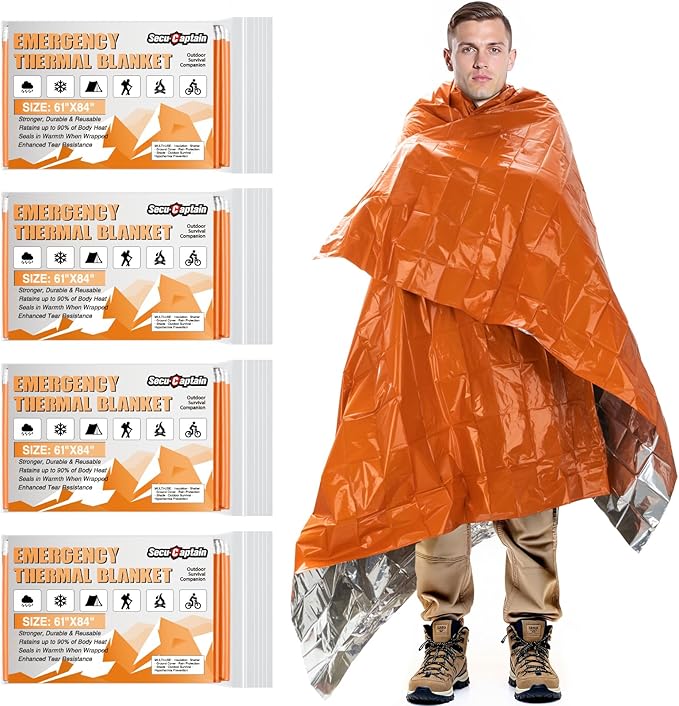 SecuCaptain Survival Emergency Thermal Blankets: Thicken 28um Space Mylar Blanket Kit for Outdoor