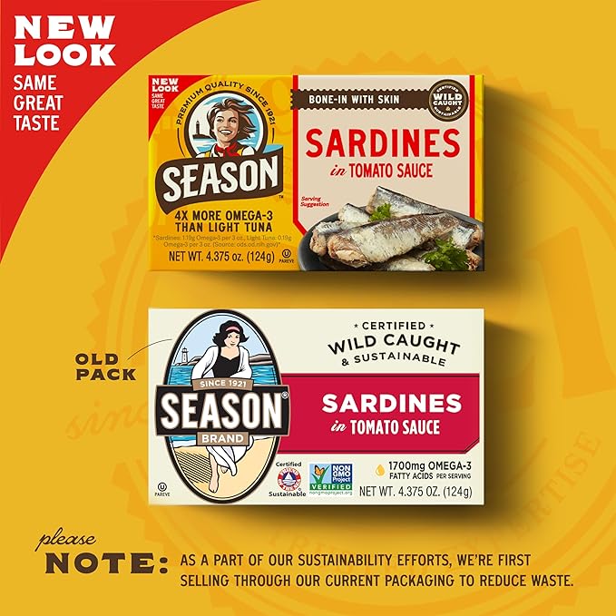 Season Sardines in Tomato Sauce - Wild Caught, 22g of Protein, Keto Snacks, More Omega 3's Than