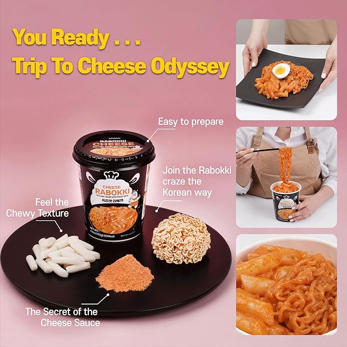 KINIKORA Premium Instant Rabokki Cup - Cheese Flavor, 2 Cups, Korean Ramen & Tteokbokki, Quick and