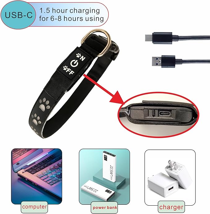 LED Light Up Dog Collar, USB-C Rechargeable, Multicolor Paw Print Design, 15 Modes Lighting Night