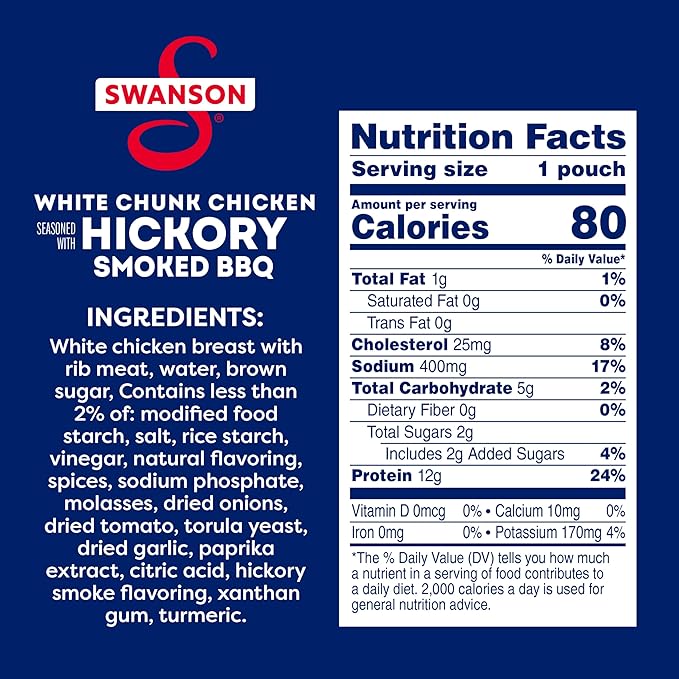 Swanson Hickory Smoked BBQ White Chunk Fully Cooked Chicken, 2.6 oz Pouch (12 Pack)