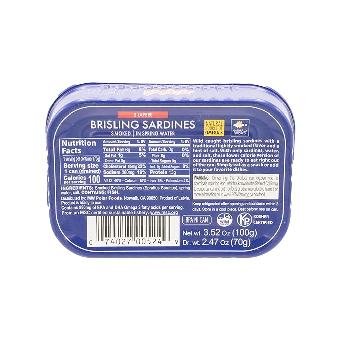 MW Polar Smoked Brisling Sardines in Spring Water, 3.52 oz Can, Wild Caught (Pack of 1)