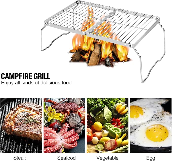 REDCAMP Folding Campfire Grill 304 Stainless Steel Grate, Adjustable Height Portable Camping Grill