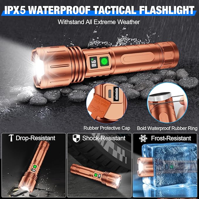 Flashlights High Lumens Rechargeable, Super Bright LED Powerful Flashlight, Type-C, 5 Modes