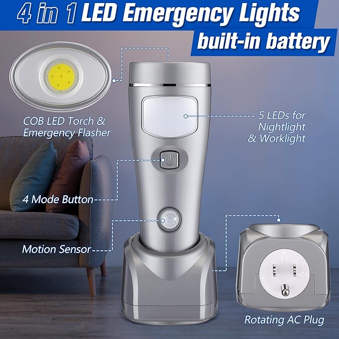 Enhon 2 Pack 4 in 1 LED Emergency Lights for Home Power Failure, Rechargeable Plug in Flashlight