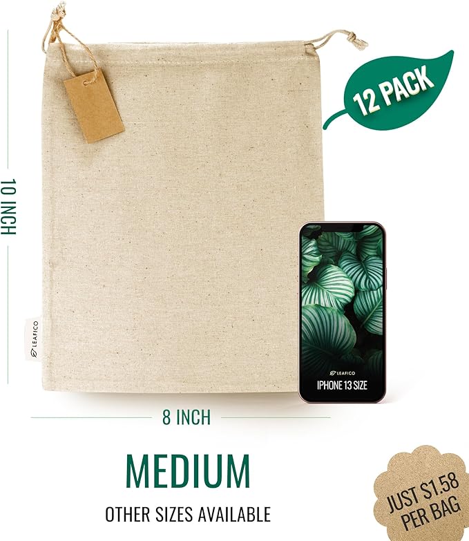 Organic Cotton Produce Bags - Medium 8x10 Inch (12 Bags) - Reusable Muslin Storage Bags with